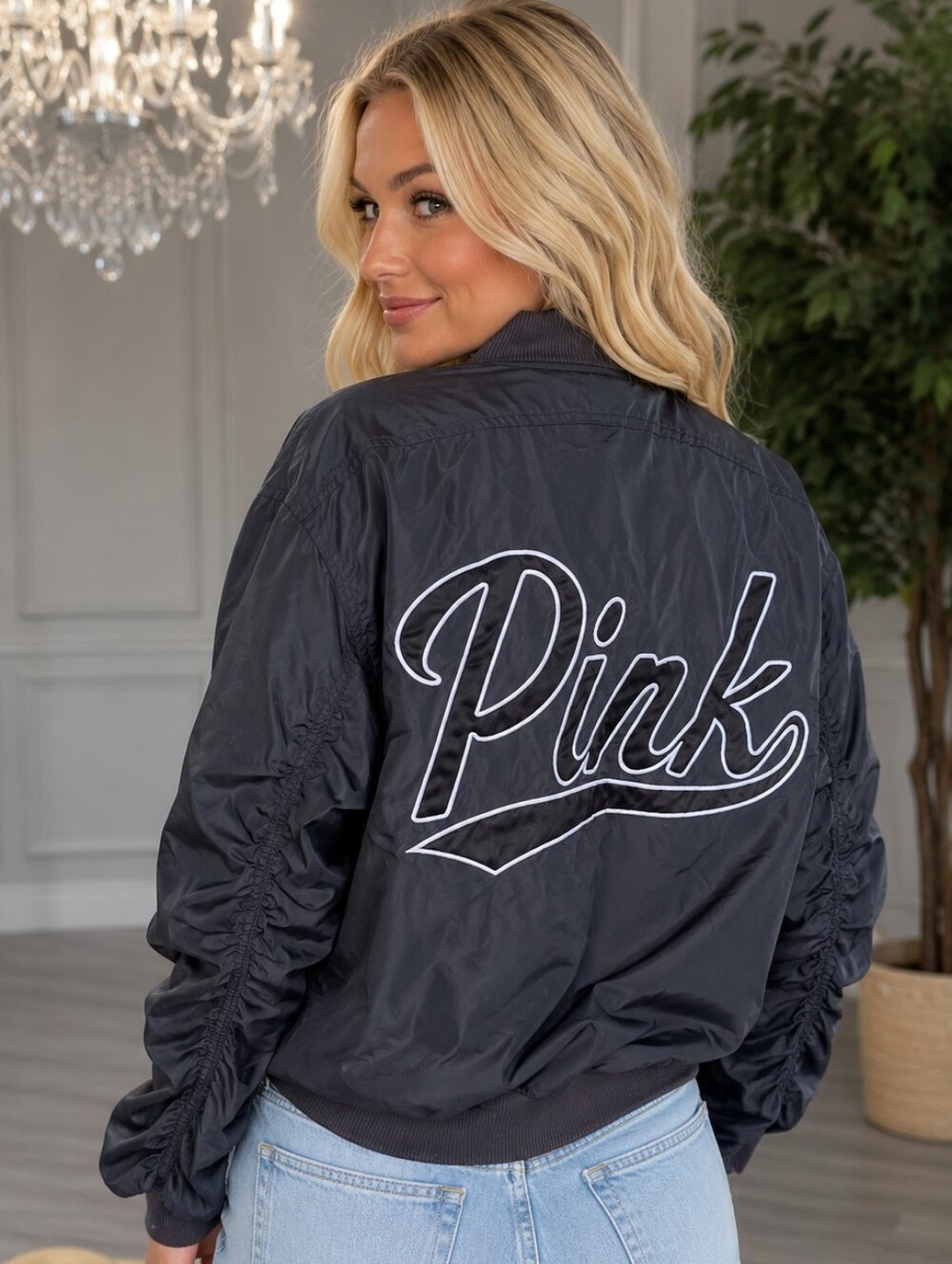 Victoria's Secret PINK Bomber Jacket Coat Ruched Sleeves Script Logo Y2K